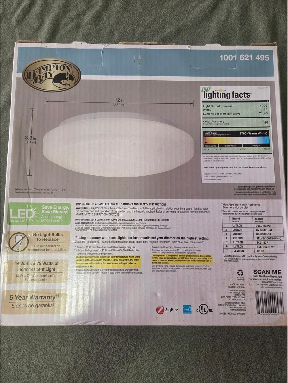 Hampton Bay 12" Smart LED Flush Mount Ceiling Light White Zigbee Wink 1000 Lumen